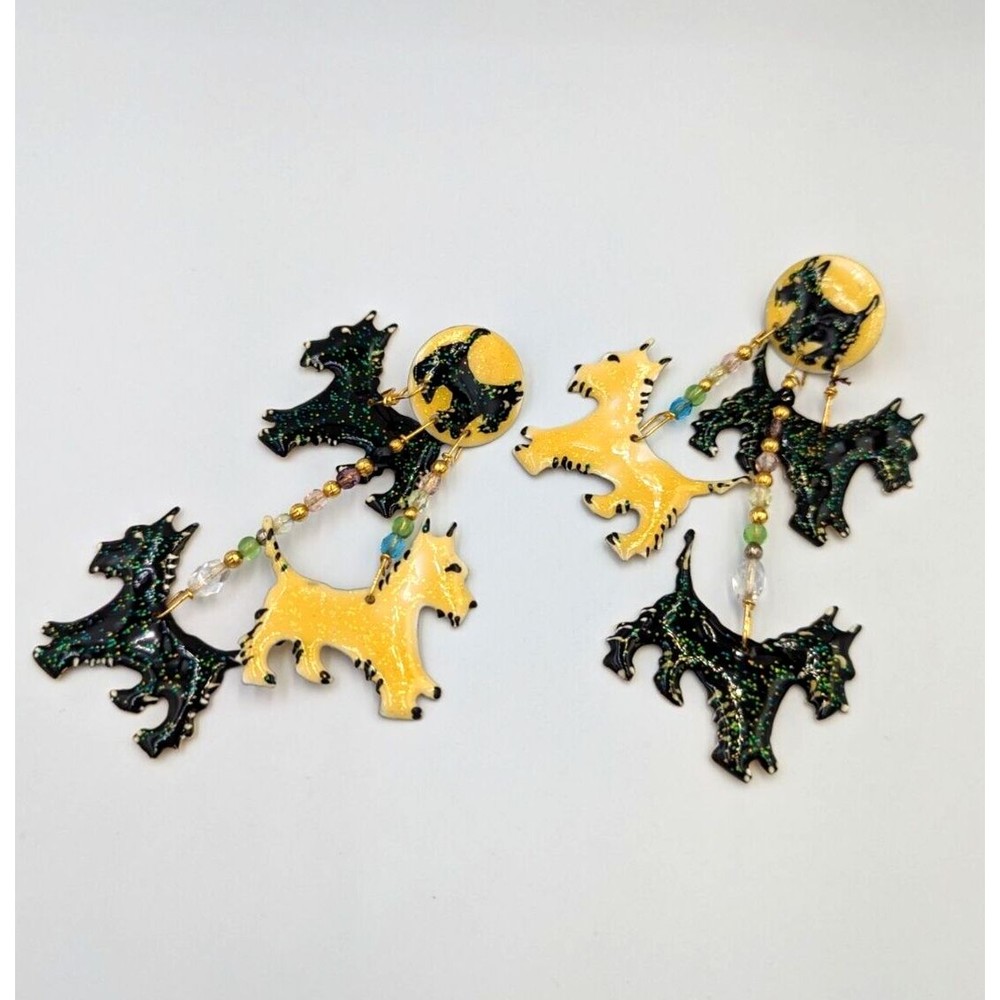 Vintage Lunch At The Ritz 89 Scottie Dog Enamel Dangle Earrings 14K Gold Posts